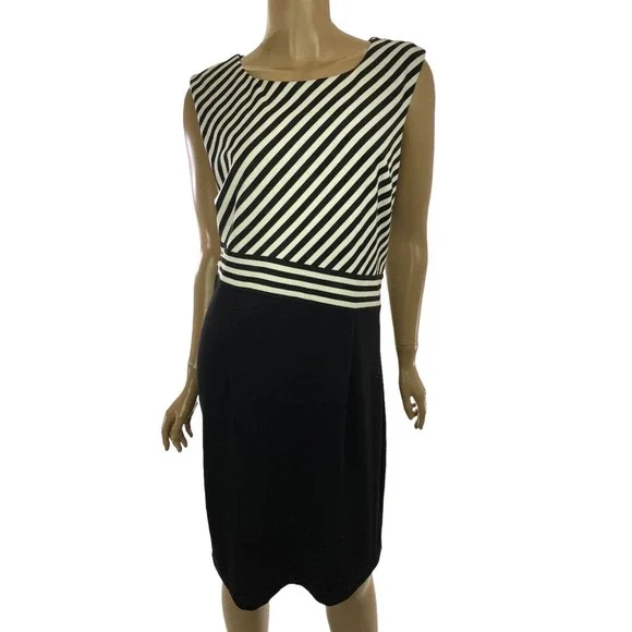 Spense Size 10 Sheath Dress Black & White Stripe Sleeveless Side Zip - Picture 1 of 5